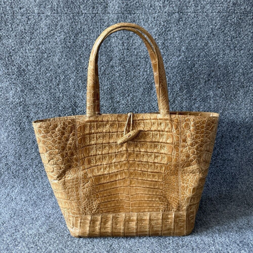 Nancy Gonzalez Tan Tote Bag Crocodile Embossed Genuine Leather Handbag